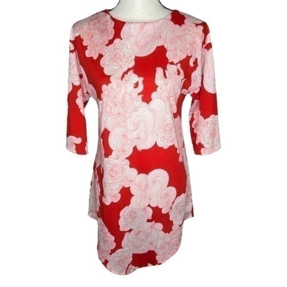 Vintage Retro Tori Sport Honolulu Hawaiian Red & White 3/4 Sleeve Tunic Dress